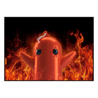 a red sausage with blue eyes is surrounded by flames on a black background