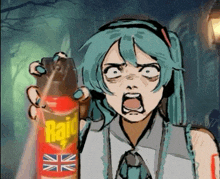 a drawing of a girl holding a can of raid bug spray