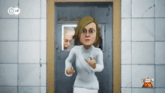 a cartoon of a woman standing in front of a door with a dw logo