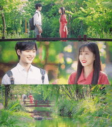 a man and a woman are standing next to each other in a park near a river