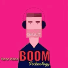 a cartoon of a man wearing headphones that says boom technology on it