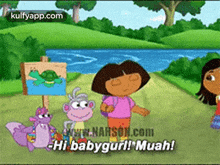 a cartoon of dora the explorer standing next to a sign that says hi babygirl