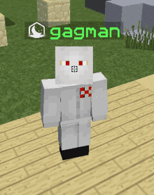 a white minecraft character is standing on a wooden floor next to a sign that says gagman