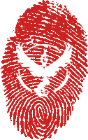 a red fingerprint with a swirl around it