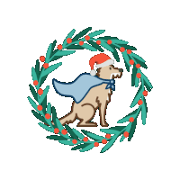 a dog wearing a santa hat and cape is sitting inside of a christmas wreath .