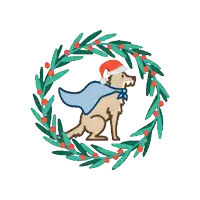 a dog wearing a santa hat and cape is sitting inside of a christmas wreath .