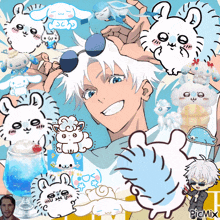 a picture of a boy with white hair is surrounded by stuffed animals and says picmix