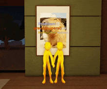two yellow stuffed animals are standing in front of a framed picture that says premium 7 r