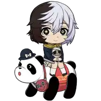 a girl is riding on the back of a stuffed panda