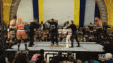 a woman in a pink bikini is standing in a wrestling ring with a crowd watching