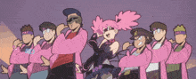 a group of cartoon characters wearing pink shirts with the letters tpt on them