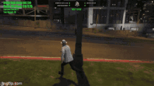 a screenshot of a video game shows a man running across a street