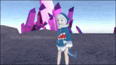 a girl in a shark hoodie stands in front of purple crystals in a video game