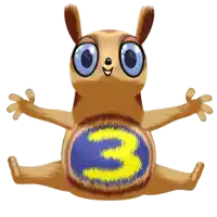 a cartoon drawing of a squirrel with a blue and yellow circle with the number 3 on it