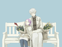 a man and a woman sit on a white bench with flowers