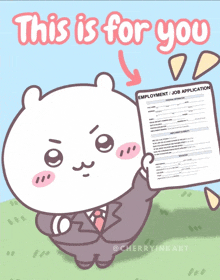 a cartoon of a bear holding an employment job application form