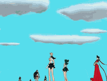 a group of cartoon characters are standing in front of a blue sky with clouds