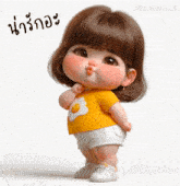 a little girl with brown hair is wearing a yellow shirt with an egg on it