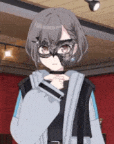 a girl wearing a mask and glasses is standing in a room with a red wall .