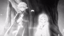 a black and white drawing of a boy and a girl standing next to a tree .