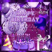 a 45th birthday card with purple balloons and a purple cake
