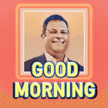 a picture of a man with the words " good morning " above him