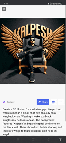 a man in a black shirt sits on a chair with wings and the name kalpesh