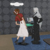 a woman in a white dress is being lifted by a man in a black suit