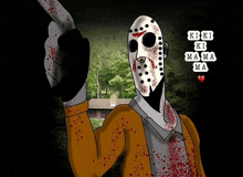 a cartoon of a jason voorhees holding a bloody knife with the words kiki ki mama ma above him