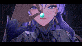 a girl with purple hair and blue eyes is holding a small sphere in her hand