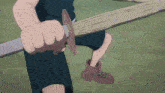 a cartoon character is holding a wooden stick in his hand