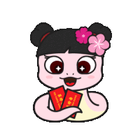a cartoon girl with a flower in her hair is holding a pair of red envelopes that say sir chong ao