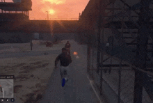 a screenshot of a video game with a sunset in the background and a man running