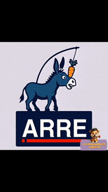 a donkey holding a carrot on a stick with the word arre