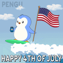 a penguin on a surfboard holding a can of beer with the words happy 4th of july below it