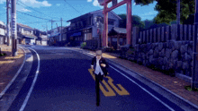 a man in a suit is running down a street with a yellow sign that says uc on it