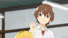 a boy with brown hair and blue eyes is standing next to a girl