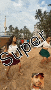 a group of people are dancing on a beach and the word super is on the top