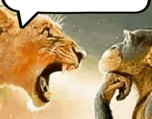 a lion and a chimpanzee are having a conversation with a speech bubble