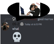 a monkey is sitting at a desk with a speech bubble that says good morrow and what