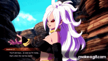 a video game character with purple hair is standing in front of a rock wall .