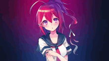 a girl with red hair and purple eyes is wearing a school uniform and a tie .