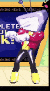 a pixel art of a man with a tv head pointing at something