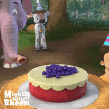 a mighty little bheem birthday cake with purple grapes on top
