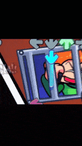 a cartoon character is behind bars with an arrow pointing to the left