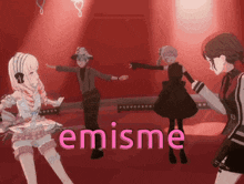 a group of anime characters are dancing in front of a red background with the word emisme written on it