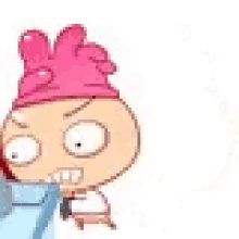 a cartoon character with a pink hat is standing next to another cartoon character .