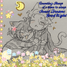 a drawing of a cat and a girl with the words counting sheep it 's time to sleep sweet dream good night