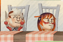 a couple of cartoon characters sitting at a table