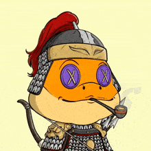 a cartoon of a frog wearing a helmet and holding a pipe with the letter x on his eyes